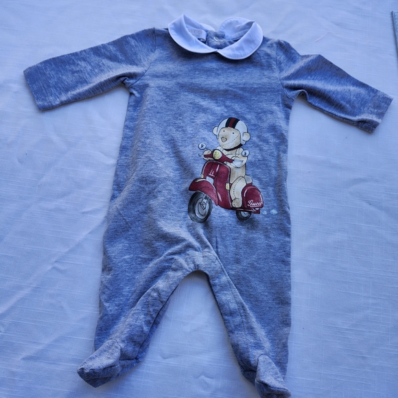 Gucci Other - Gucci Gray Baby Footie with Red Scooter Design